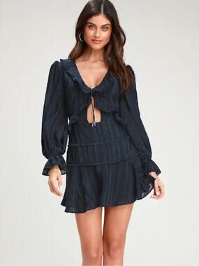 Finders Keepers Soraya Navy Blue Long Sleeve Tie-Front Mini Dress 0/2(XS)